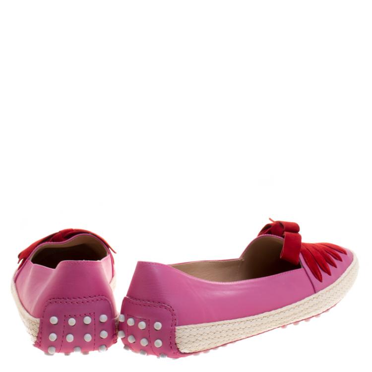 Pre Owned Tod's Pink Leather And Suede Ribbon Espadrille Loafers Size 41