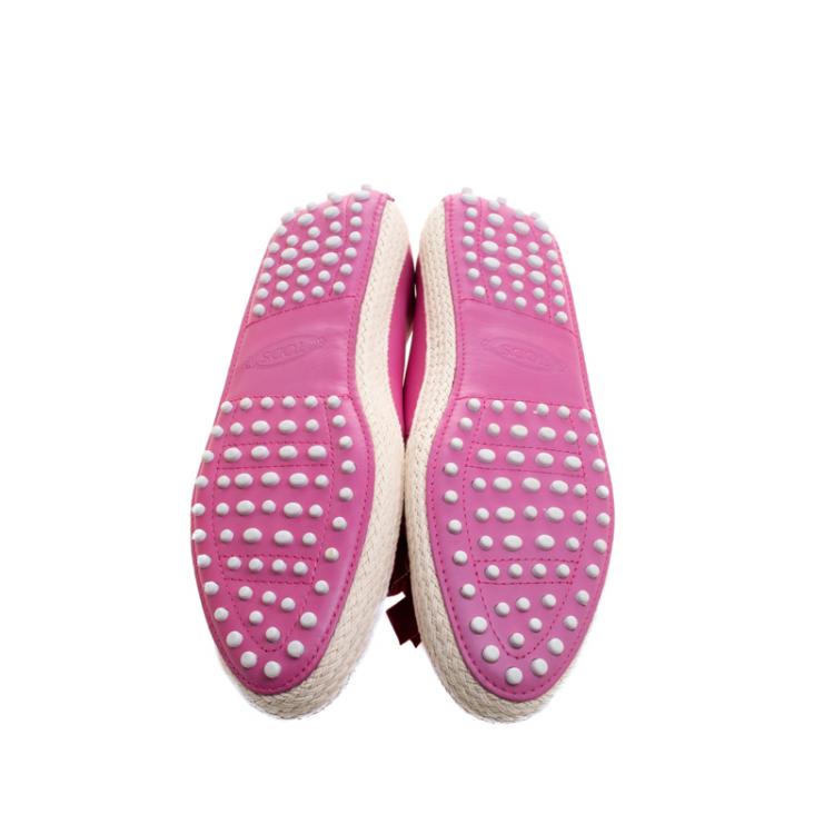 Pre Owned Tod's Pink Leather And Suede Ribbon Espadrille Loafers Size 41