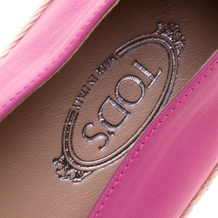 Pre Owned Tod's Pink Leather And Suede Ribbon Espadrille Loafers Size 41
