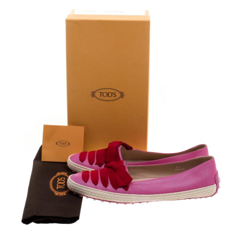 Pre Owned Tod's Pink Leather And Suede Ribbon Espadrille Loafers Size 41