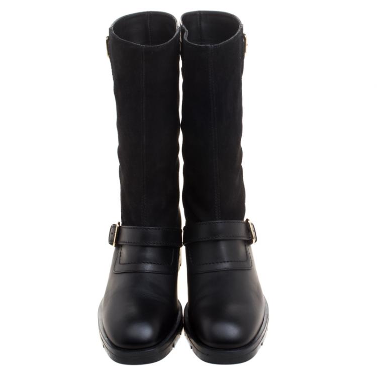 Pre Owned Tod's Black Leather and Suede Fibbie Mid Calf Biker Boots Size 39
