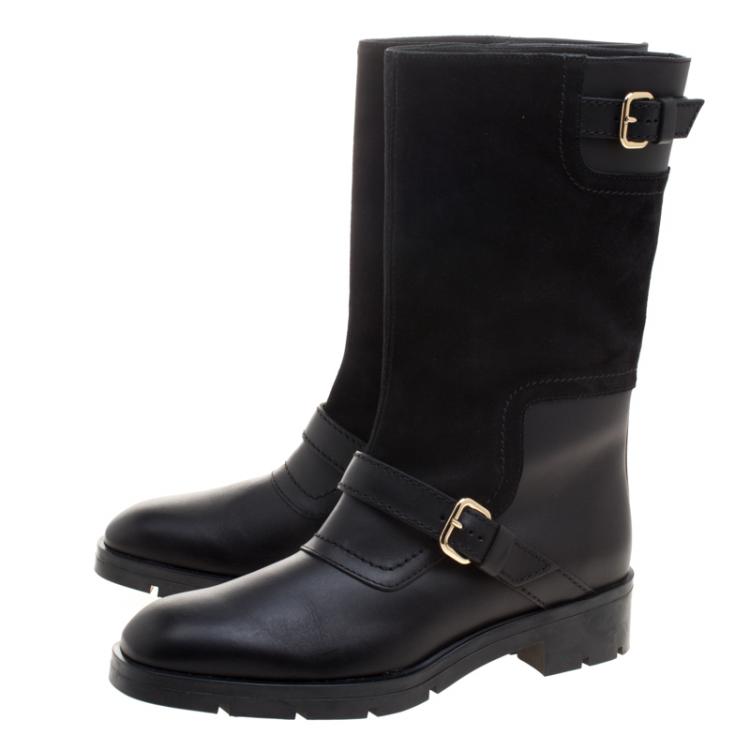 Pre Owned Tod's Black Leather and Suede Fibbie Mid Calf Biker Boots Size 39