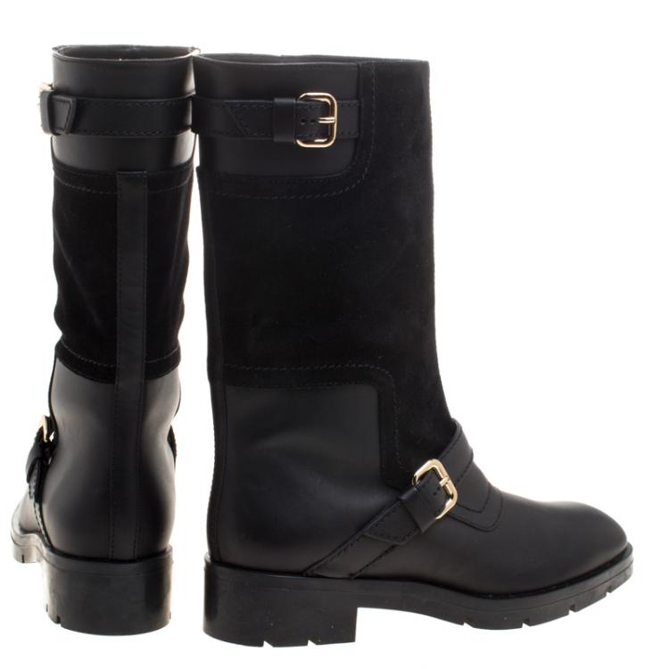 Pre Owned Tod's Black Leather and Suede Fibbie Mid Calf Biker Boots Size 39
