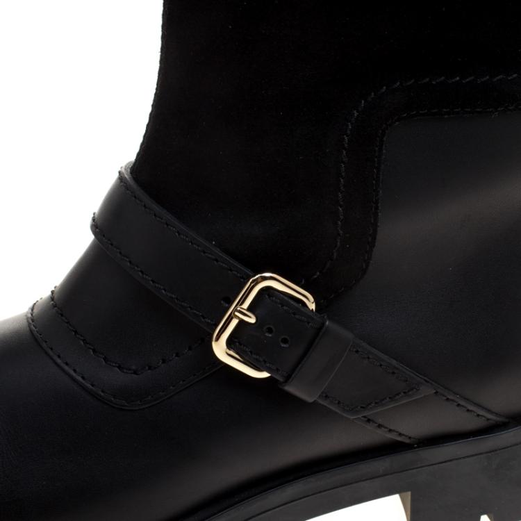 Pre Owned Tod's Black Leather and Suede Fibbie Mid Calf Biker Boots Size 39