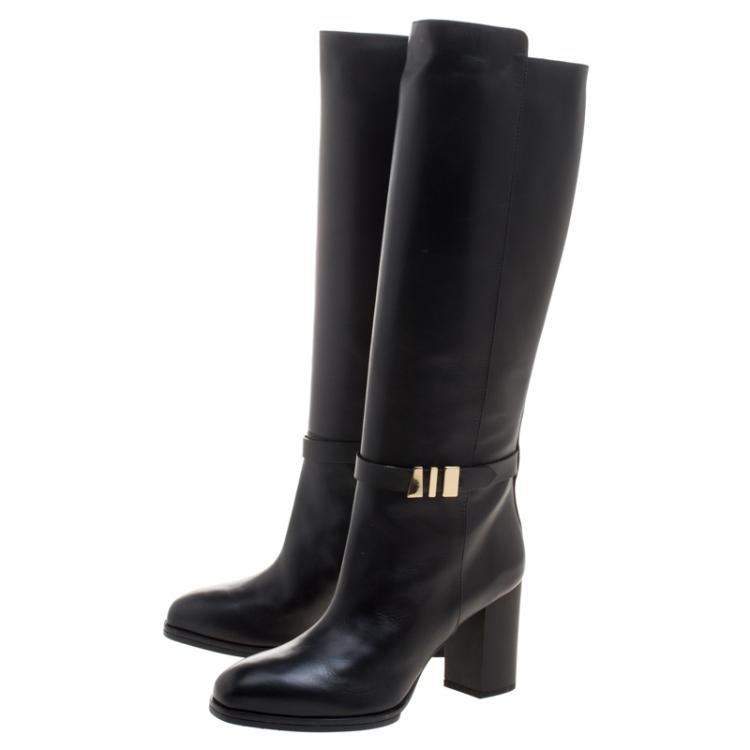 Pre Owned Tod's Black Leather Block Heel Buckle Tall Boots Size 39.5