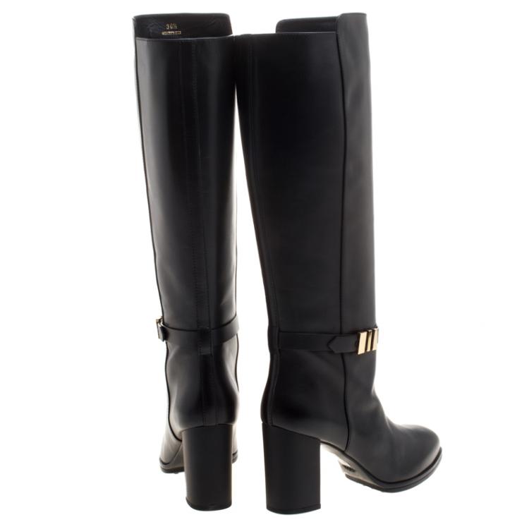 Pre Owned Tod's Black Leather Block Heel Buckle Tall Boots Size 39.5
