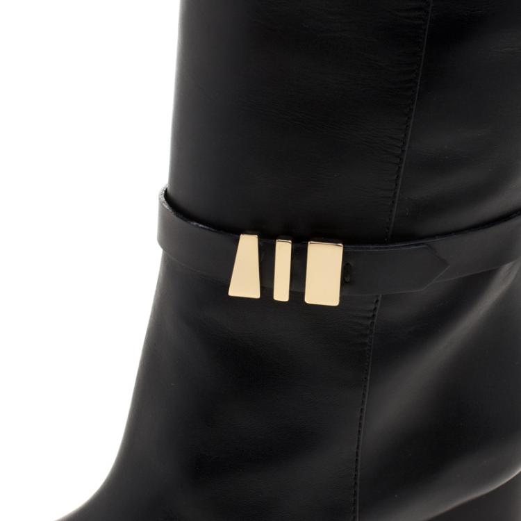 Pre Owned Tod's Black Leather Block Heel Buckle Tall Boots Size 39.5