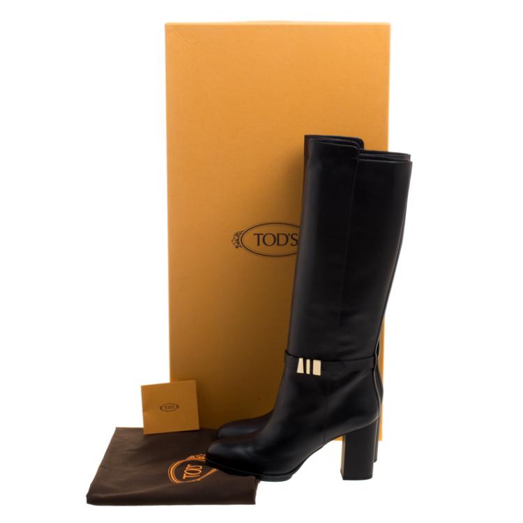 Pre Owned Tod's Black Leather Block Heel Buckle Tall Boots Size 39.5