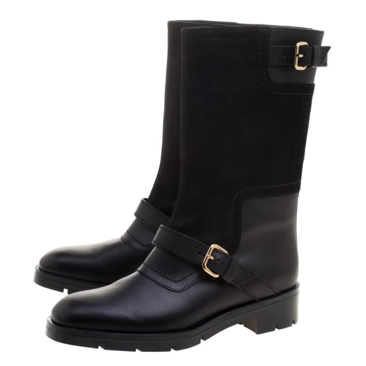 Pre Owned Tod's Black Leather And Suede Buckle Biker Boots Size 38