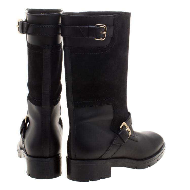 Pre Owned Tod's Black Leather And Suede Buckle Biker Boots Size 38