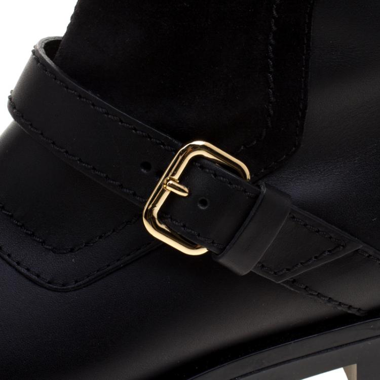Pre Owned Tod's Black Leather And Suede Buckle Biker Boots Size 38