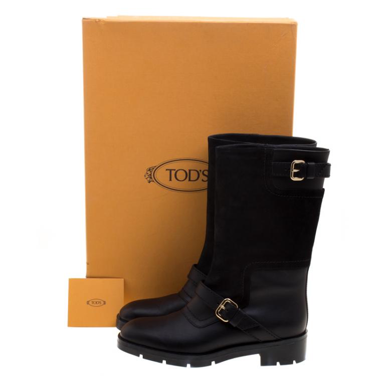 Pre Owned Tod's Black Leather And Suede Buckle Biker Boots Size 38