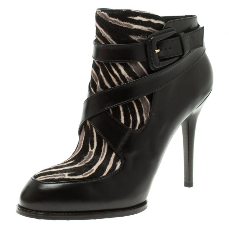 Pre Owned Tod's Black Leather and Zebra Print Hair On Ankle Boots Size 39