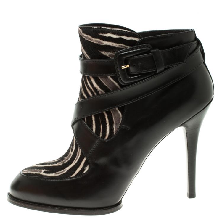 Pre Owned Tod's Black Leather and Zebra Print Hair On Ankle Boots Size 39