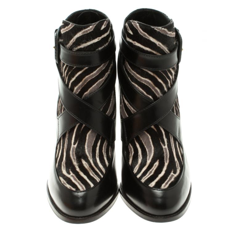 Pre Owned Tod's Black Leather and Zebra Print Hair On Ankle Boots Size 39