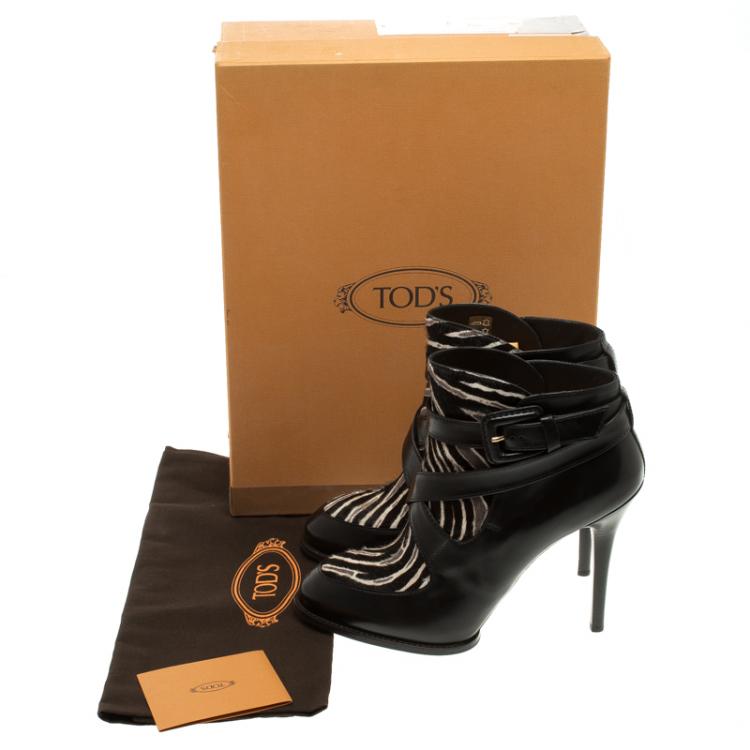 Pre Owned Tod's Black Leather and Zebra Print Hair On Ankle Boots Size 39