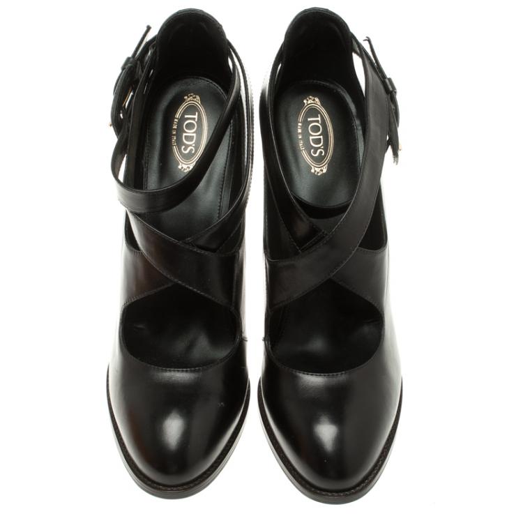 Pre Owned Tod's Black Leather Cross Strap Pumps Size 40