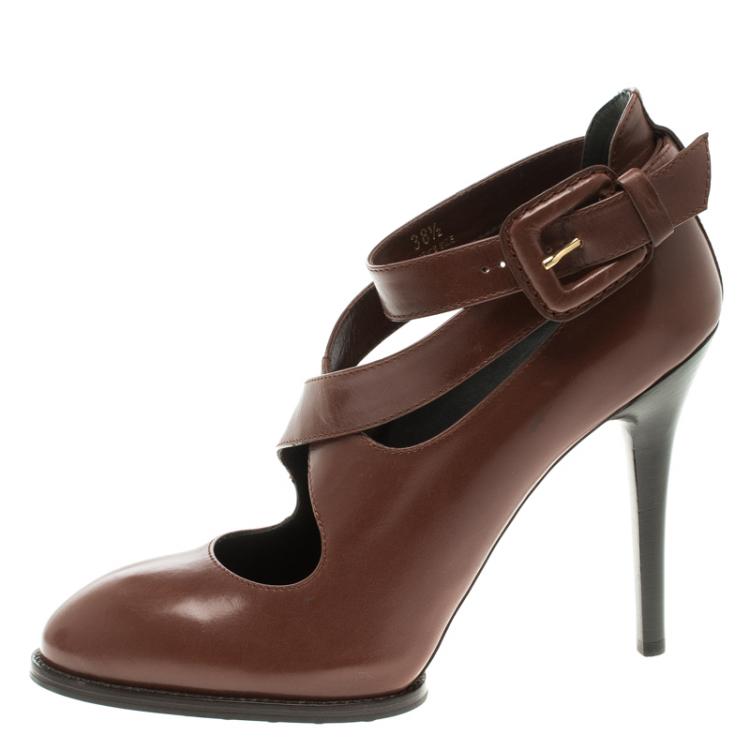 Pre Owned Tod's Brown Leather Cross Strap Pumps Size 38.5
