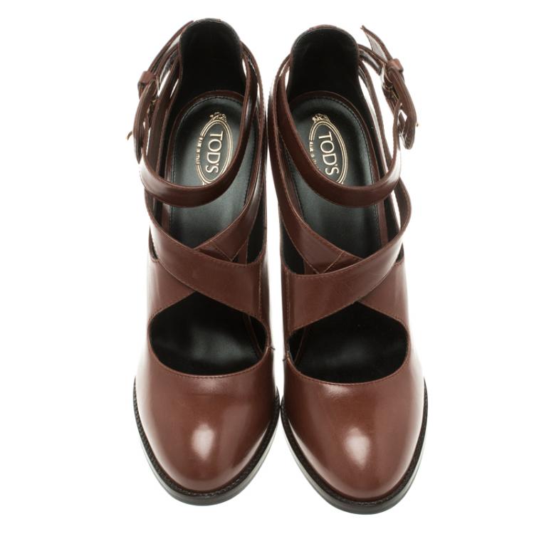 Pre Owned Tod's Brown Leather Cross Strap Pumps Size 38.5