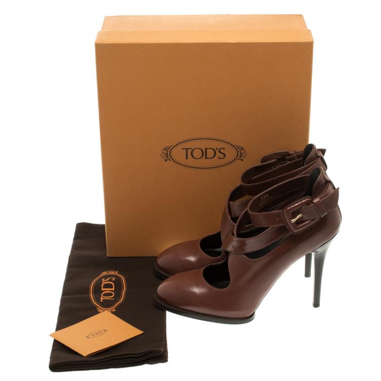 Pre Owned Tod's Brown Leather Cross Strap Pumps Size 38.5