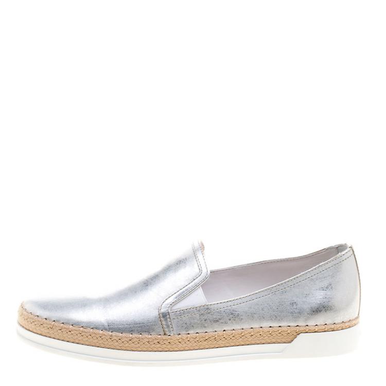 Pre Owned Tod's Metallic Silver Leather Pantofola Espadrille Slip On Sneakers Size 40