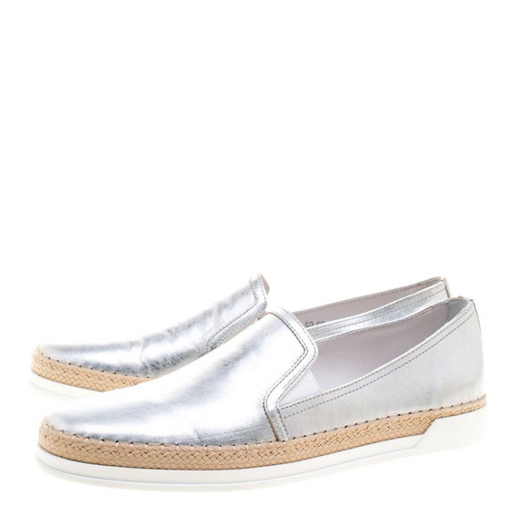 Pre Owned Tod's Metallic Silver Leather Pantofola Espadrille Slip On Sneakers Size 40