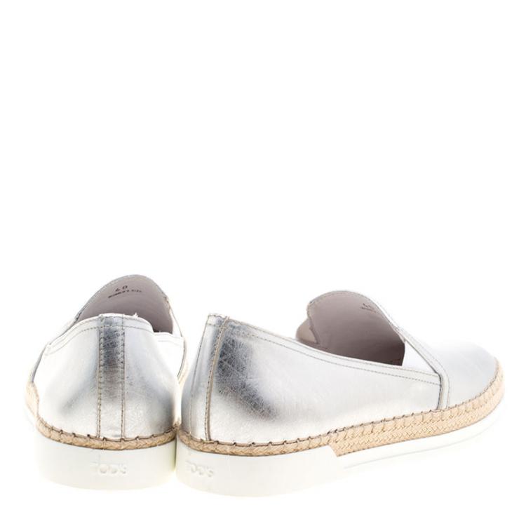 Pre Owned Tod's Metallic Silver Leather Pantofola Espadrille Slip On Sneakers Size 40