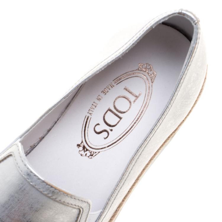 Pre Owned Tod's Metallic Silver Leather Pantofola Espadrille Slip On Sneakers Size 40