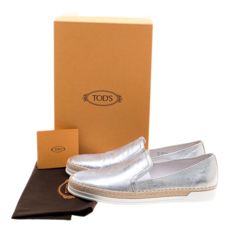 Pre Owned Tod's Metallic Silver Leather Pantofola Espadrille Slip On Sneakers Size 40