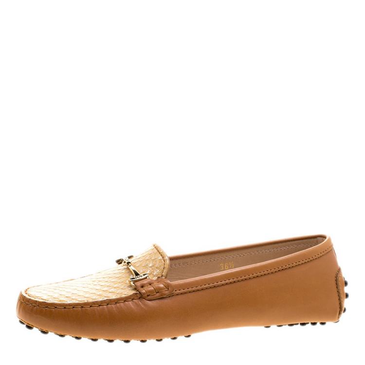 Pre Owned Tod's Two Tone Embossed Python Leather Horsebit Loafers Size 36.5