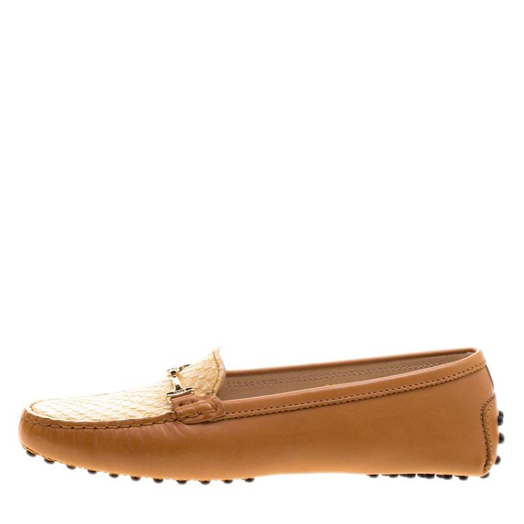 Pre Owned Tod's Two Tone Embossed Python Leather Horsebit Loafers Size 36.5