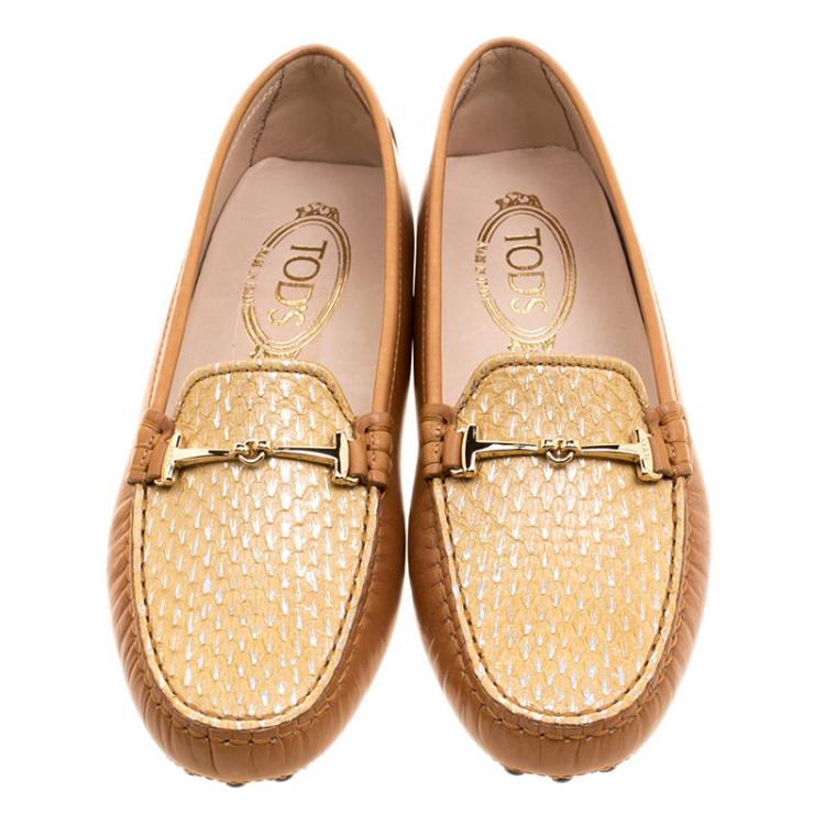 Pre Owned Tod's Two Tone Embossed Python Leather Horsebit Loafers Size 36.5