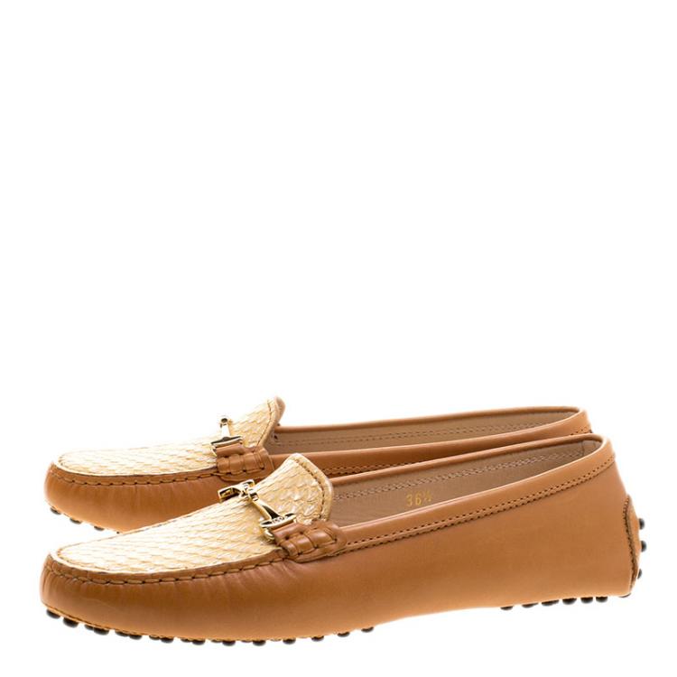 Pre Owned Tod's Two Tone Embossed Python Leather Horsebit Loafers Size 36.5