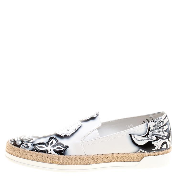 Pre Owned Tod's Monochrome Floral Printed Leather Espadrille Slip On Sneakers Size 36.5