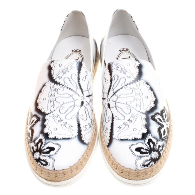 Pre Owned Tod's Monochrome Floral Printed Leather Espadrille Slip On Sneakers Size 36.5