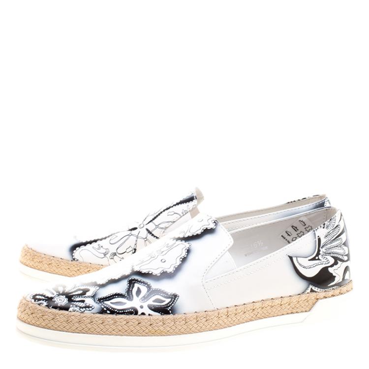 Pre Owned Tod's Monochrome Floral Printed Leather Espadrille Slip On Sneakers Size 36.5