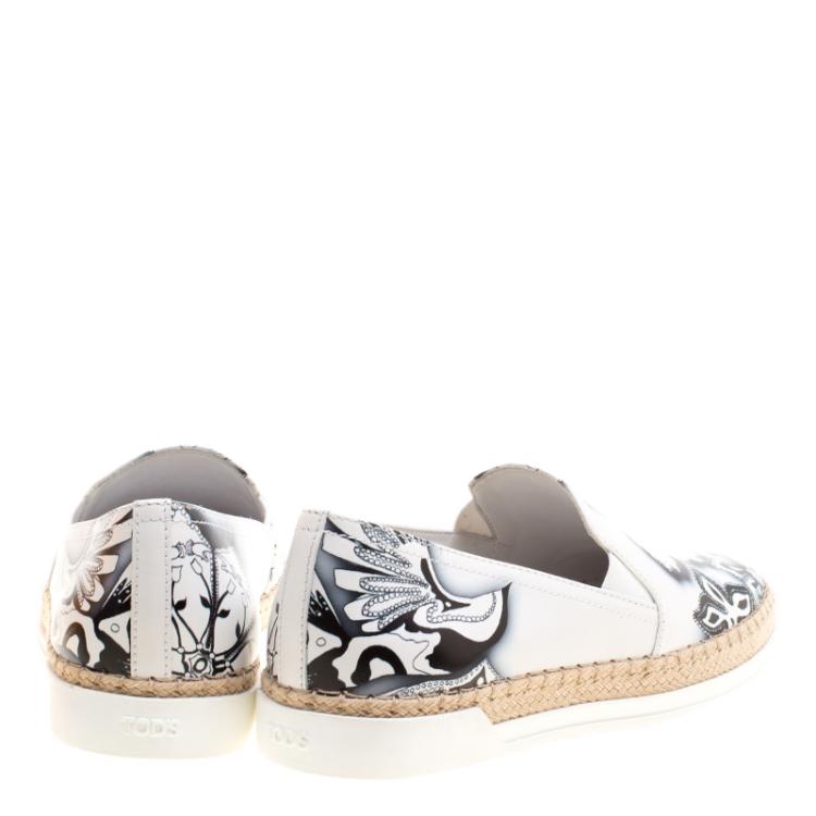 Pre Owned Tod's Monochrome Floral Printed Leather Espadrille Slip On Sneakers Size 36.5