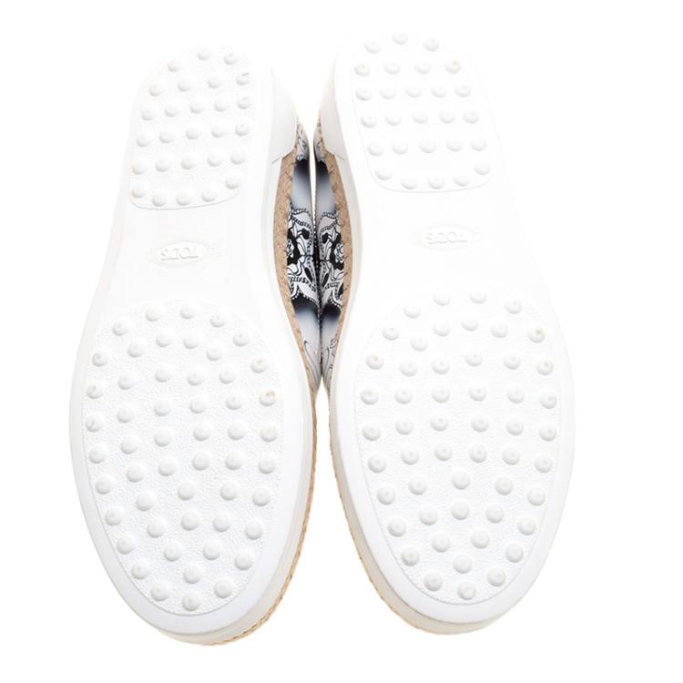 Pre Owned Tod's Monochrome Floral Printed Leather Espadrille Slip On Sneakers Size 36.5
