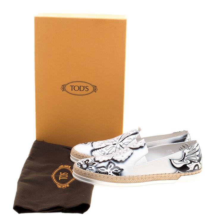 Pre Owned Tod's Monochrome Floral Printed Leather Espadrille Slip On Sneakers Size 36.5