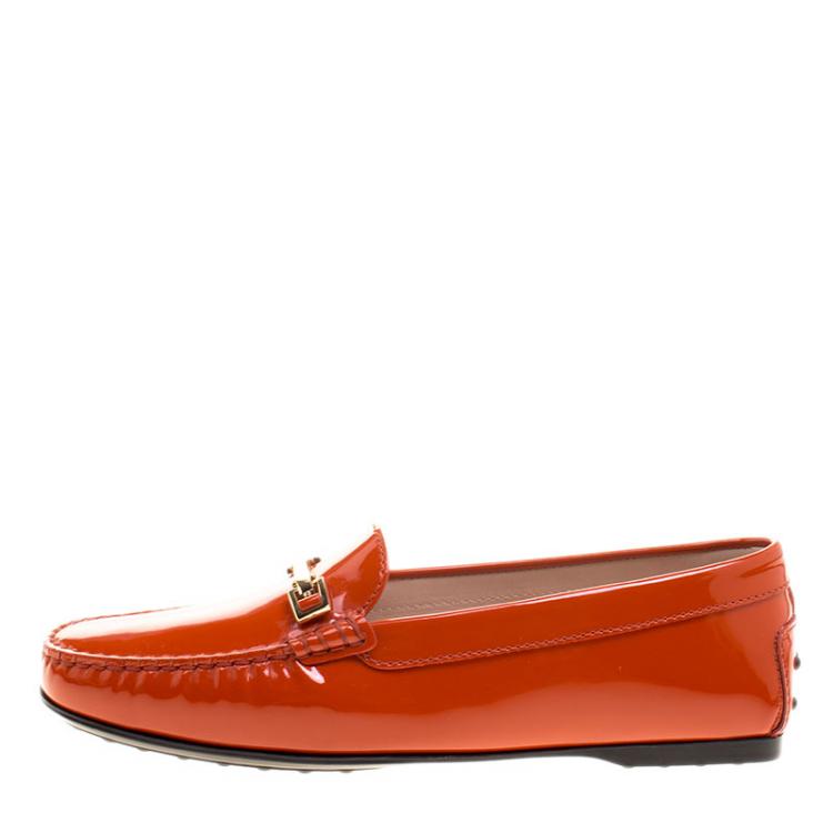 Pre Owned Tod's Orange Patent Leather Horsebit Loafers Size 39