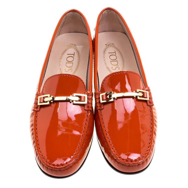 Pre Owned Tod's Orange Patent Leather Horsebit Loafers Size 39