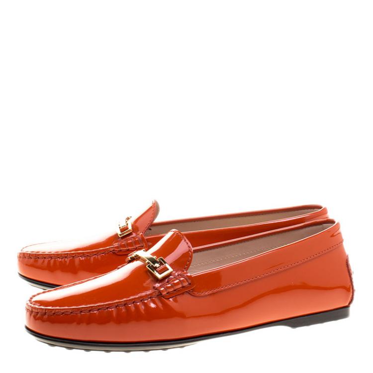 Pre Owned Tod's Orange Patent Leather Horsebit Loafers Size 39