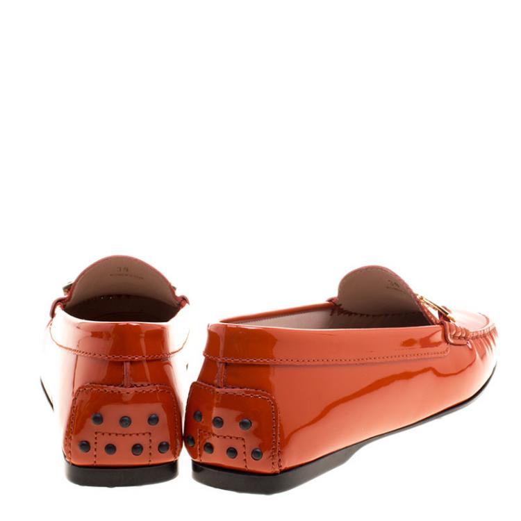 Pre Owned Tod's Orange Patent Leather Horsebit Loafers Size 39