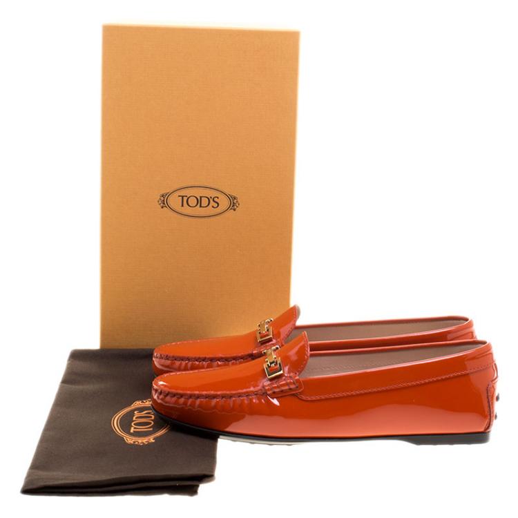 Pre Owned Tod's Orange Patent Leather Horsebit Loafers Size 39