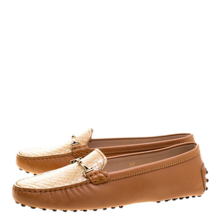 Pre Owned Tod's Two Tone Embossed Python Leather Horsebit Loafers Size 37
