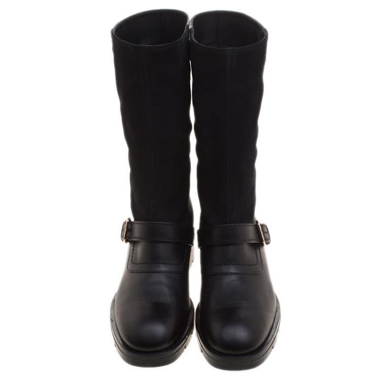 Pre Owned Tod's Black Leather and Suede Fibbie Mid Calf Biker Boots Size 37