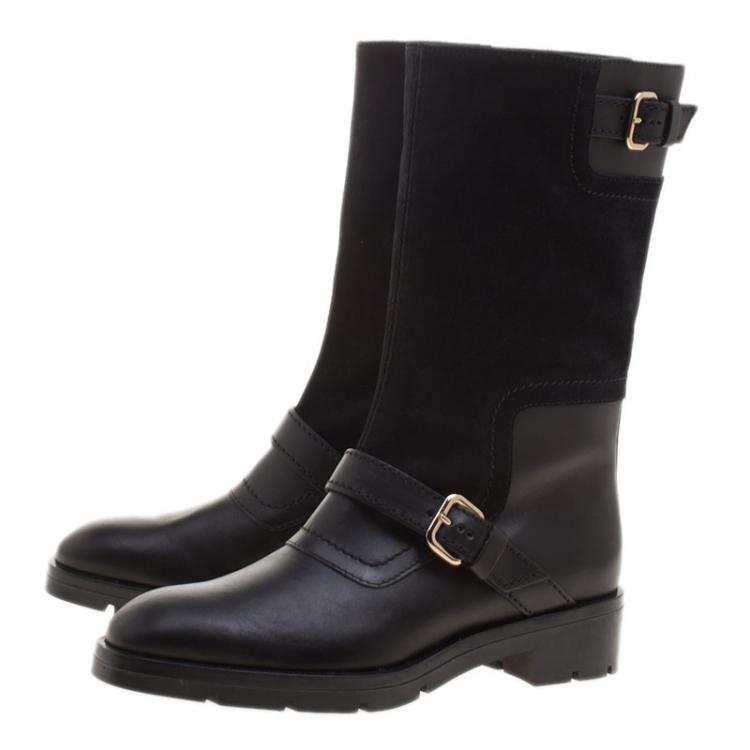 Pre Owned Tod's Black Leather and Suede Fibbie Mid Calf Biker Boots Size 37