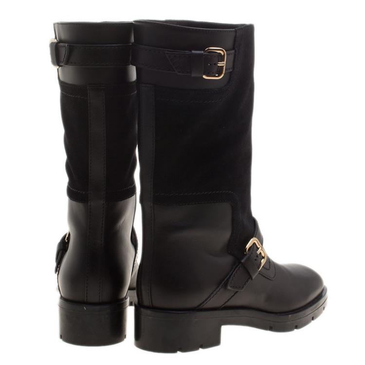 Pre Owned Tod's Black Leather and Suede Fibbie Mid Calf Biker Boots Size 37