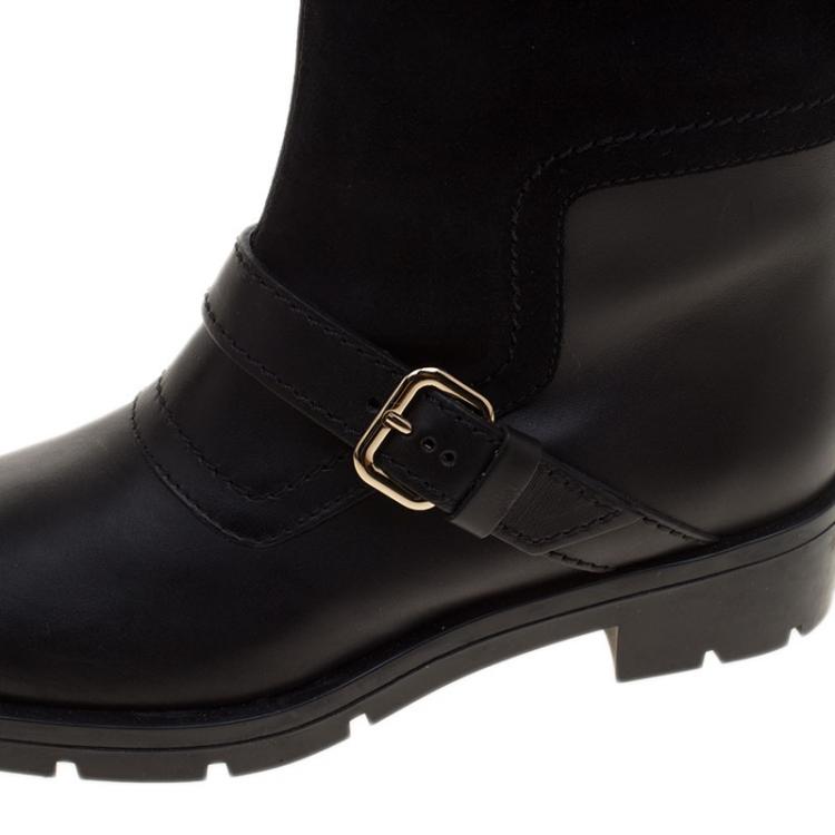 Pre Owned Tod's Black Leather and Suede Fibbie Mid Calf Biker Boots Size 37