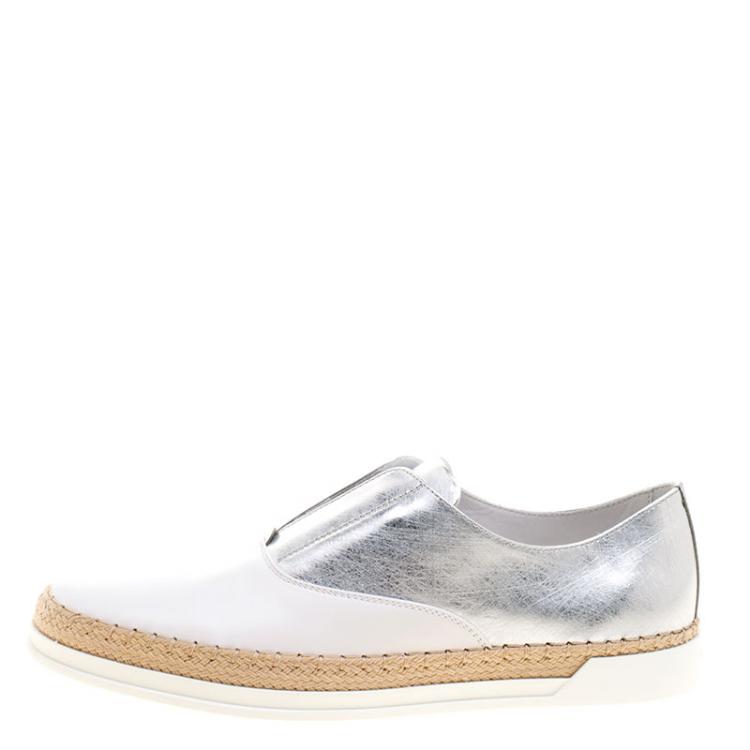 Pre Owned Tod's Metallic Silver and White Leather Francesina Espadrille Slip On Sneakers Size 37.5